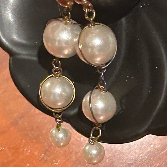 Artisan Pearl Drop Earrings Handcrafted Pierced 3 Pearl Drop Dangling Earrings - Picture 8 of 11